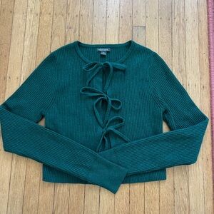 Green Ribbed Sweater with Bow Details